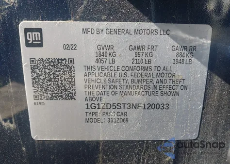 2022 Chevrolet Malibu Fwd Lt из США, поврежденный, VIN 1G1ZD5ST3NF120033